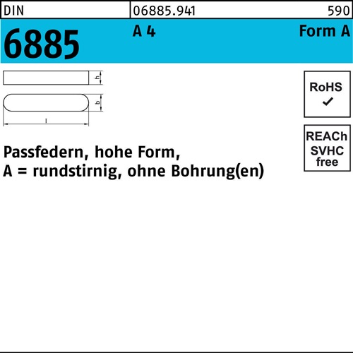 Passfeder DIN 6885 FormA rundstirnig/o.Bohrung A 12x 8x 70 A 4 10 Stück