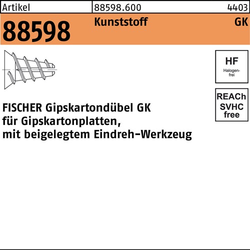 Gipskartondübel R 88598 5,0x22 Ku. 100 Stück FISCHER