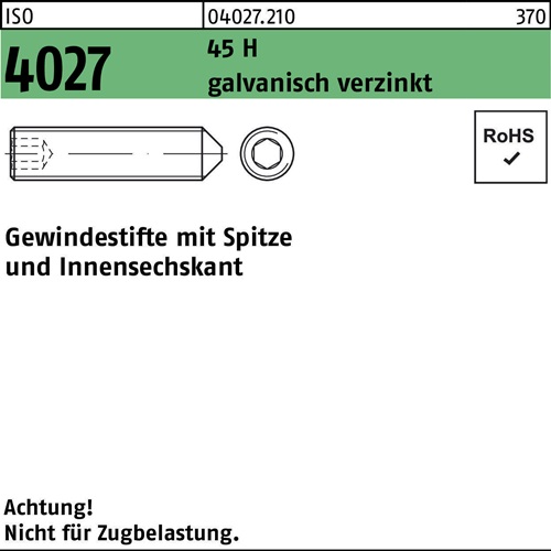 Gewindestift ISO 4027 Spitze/Innen-6kt M8x20 45 H galv.verz. 200St.