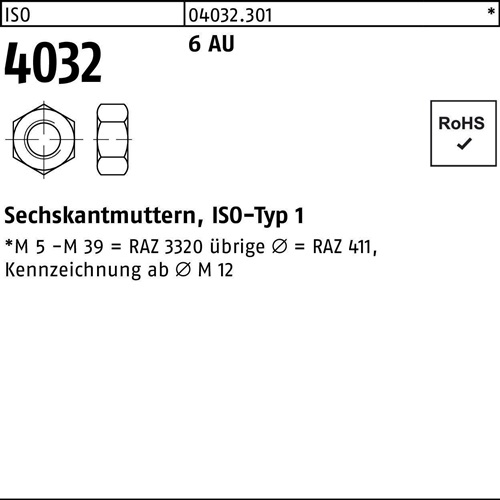 Sechskantmutter ISO 4032 M1,7 6 Automatenstahl 100 Stück