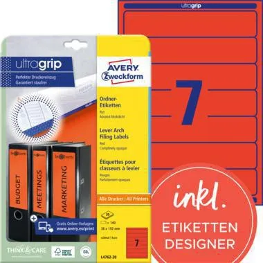 Avery Zweckform Ordneretikett L4762-20 38x192mm rt 140 St./Pack.