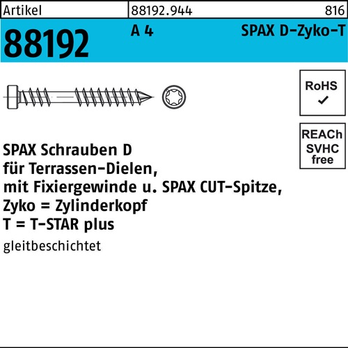 Holzbauschraube R 88192 ZYLKO T-STAR 6x80/40-T A 4 CUT-Sp. 100St. SPAX