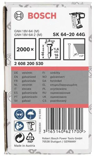 Bosch Senkkopfstift SK64-20 G 2000-tlg.LxBxD.44x2,8x1,35mm verzinkt Drahtmaß 1,6mm