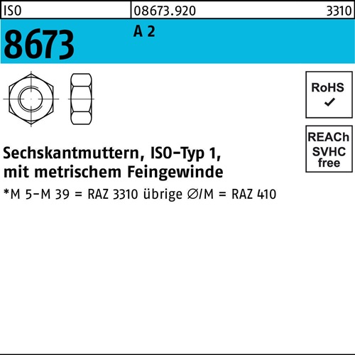 Sechskantmutter ISO 8673 M20x 1,5 A 2 10 Stück