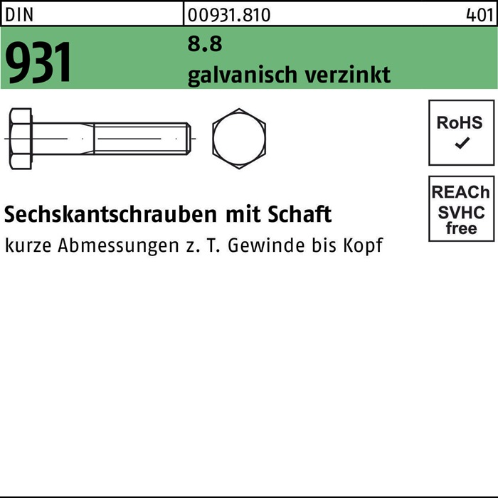 Sechskantschraube DIN 931 Schaft M8x 200 8.8 galv.verz. 100 Stück