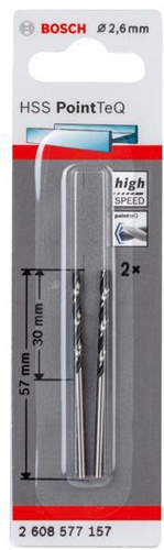 Bosch Metallspiralbohrer PointTeQ DIN388 Arbeits-L.30mm D.2,6mm Typ N 2er Pack