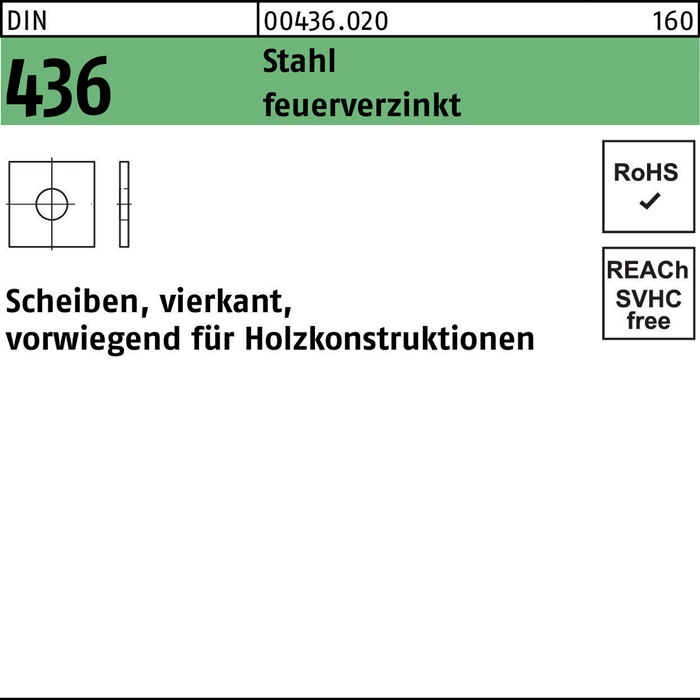 Unterlegscheibe DIN 436 vierkant 11x 30x 3 Stahl feuerverz. 100 Stück