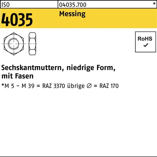 Sechskantmutter ISO 4035 niedrig Fasen M2,5 Messing 100 Stück
