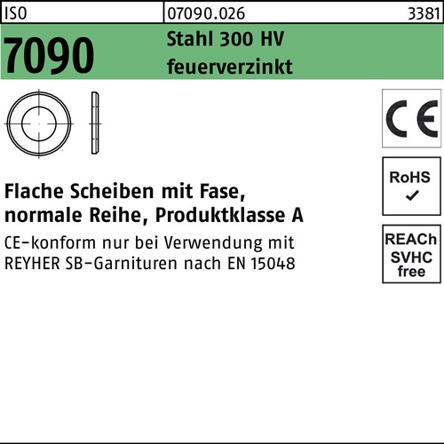Unterlegscheibe ISO 7090 m.Fase 24 Stahl 300 HV feuerverz. 50 Stück