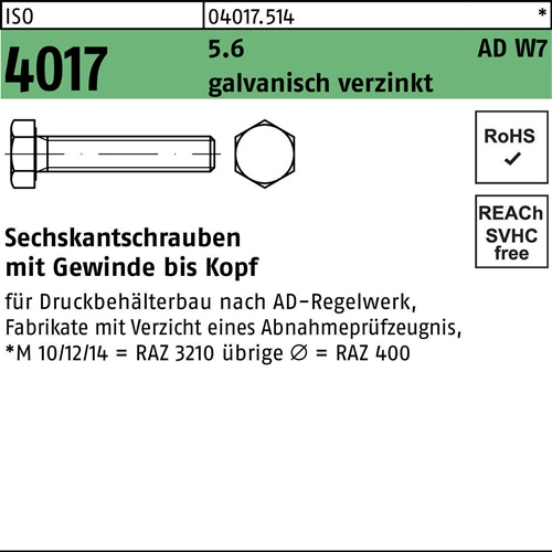 Sechskantschraube ISO 4017 VG M8x 12 5.6 AD W7 galv.verz. 200 Stück
