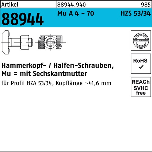Hammerkopfschraube R 88944 6-ktmutter M20x 65 Mu A 4 - 70 25 Stück HALFEN