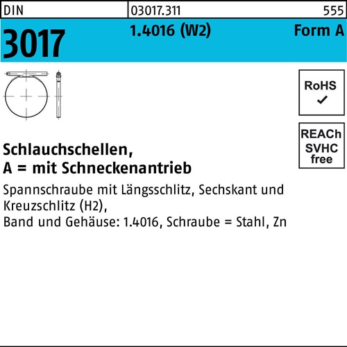Schlauchschelle DIN 3017 W2 FormA 20- 32/9 C7 1.4016 galv.verz. 100St.