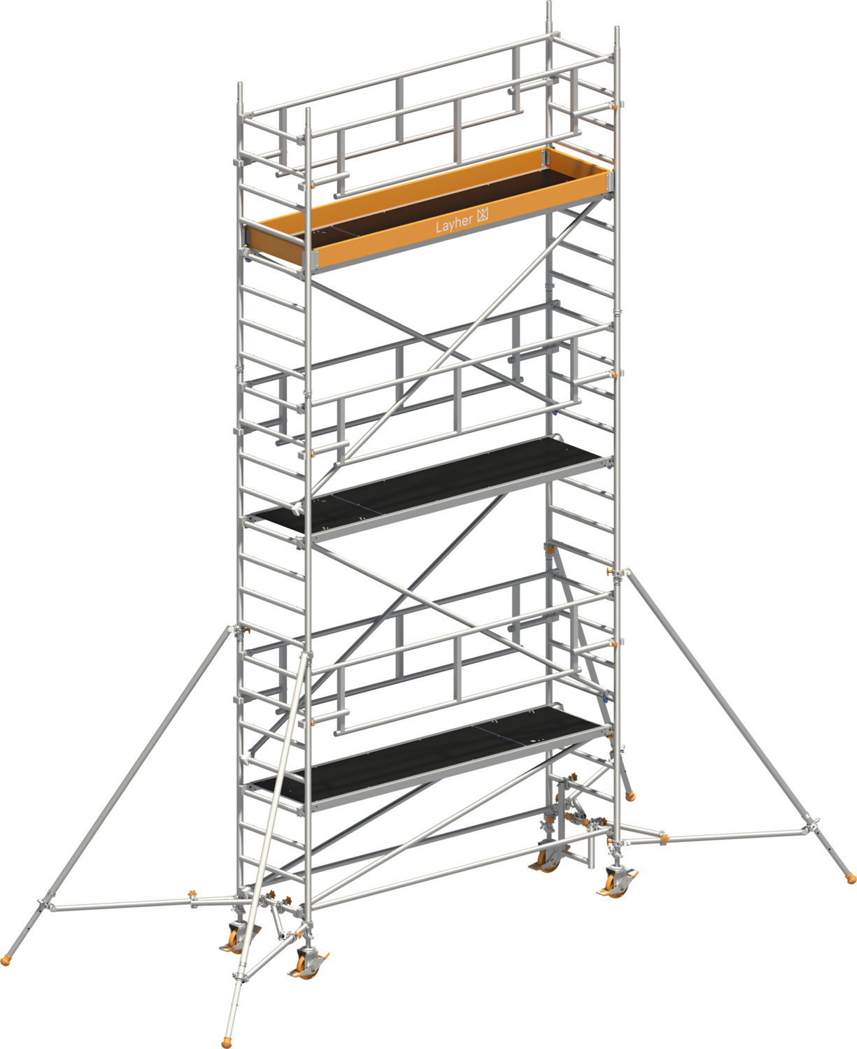 Layher Fahrgerüst Uni Standard P2 SAFETY PLUS mit Doppelgeländer und Gerüststützen Typ: 1421125 | SH: 5,2 m / AH: 7,20 m