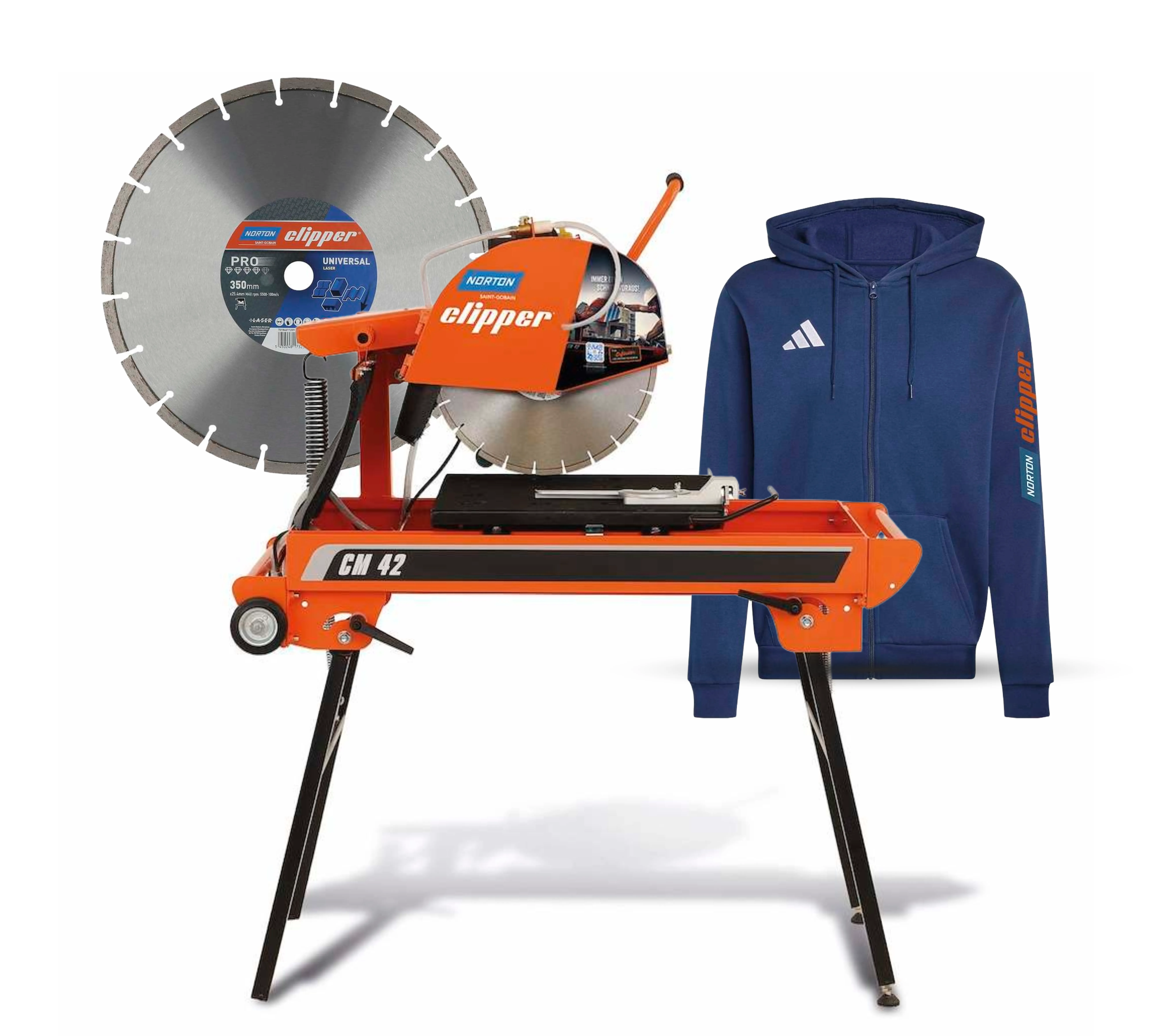 Norton Clipper CM 42 Tischsäge Sonderedition "Immer einen Schnitt voraus!" + Pro Universal Laser Diamantscheibe Ø350 + 1x Adidas Zip-Hoodie