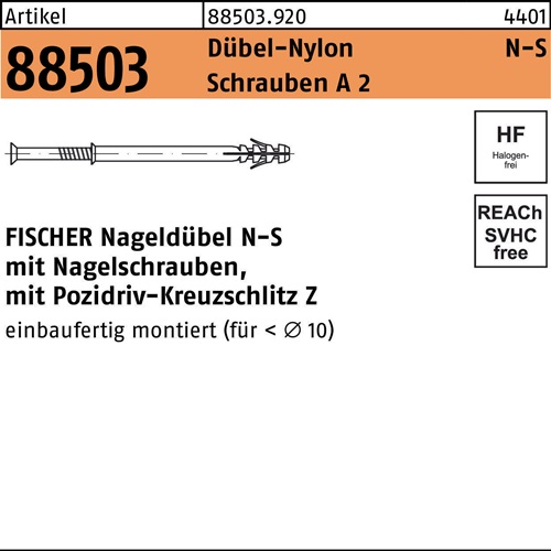 Nageldübel R 88503 N-S 8x 60/20 Schrauben A 2/Dübel-Nylon 50 Stück FISCHER