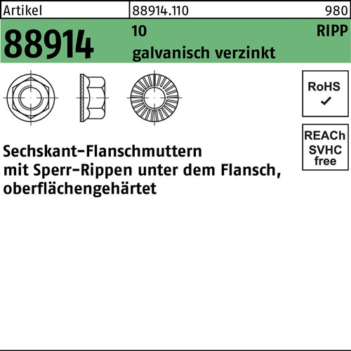 Sechskantflanschmutter R 88914 Sperr-Ripp M10 10 galv.verz. 200 Stück