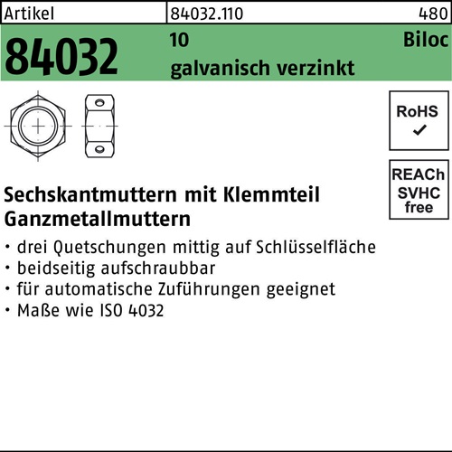 Sechskantmutter R 84032 Biloc Klemmteil M5 10 galv.verz. 1000 Stück