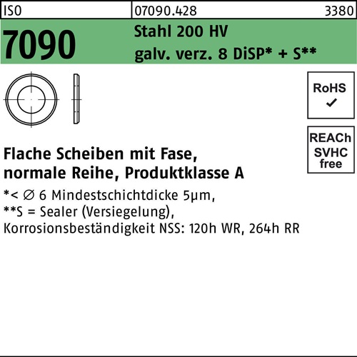 Unterlegscheibe ISO 7090 m.Fase 10 Stahl 200 HV galv.verz.+S 500 Stück