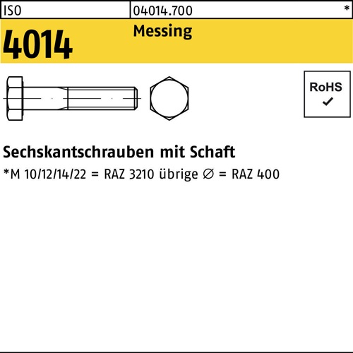 Sechskantschraube ISO 4014 Schaft M12x 50 Messing 50 Stück