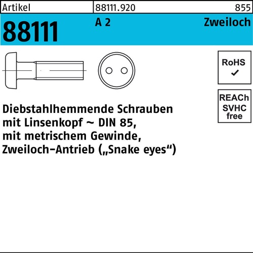 Schraube R 88111 diebstahlhemmend Liko/Zweiloch M3x 10 A 2 100 Stück