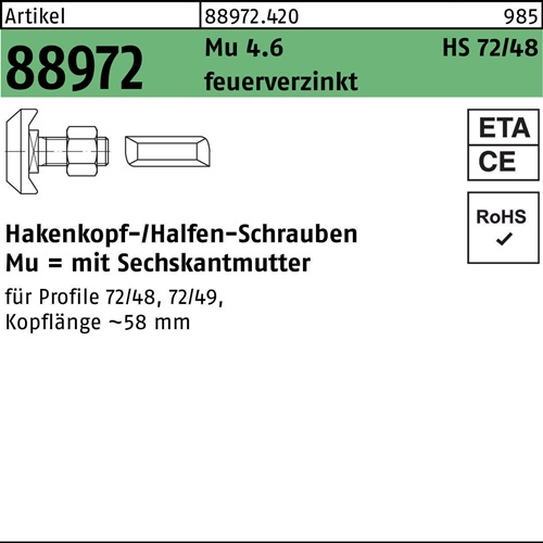 Hammerkopfschraube R 88972 Typ 72/48 M20x 75 Mu 4.6 feuerverz. 20St. HALFEN