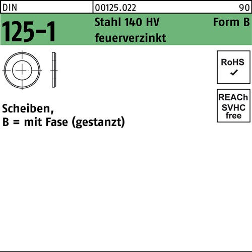 Unterlegscheibe DIN 125-1 B 43x78x7 Stahl 140 HV feuerverz. gestanzt 25St.