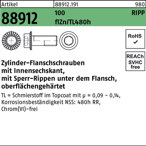 Zylinderflanschschraube R 88912 Sperr-Ripp In.-6kt M12x50 100 flZnnc480h-L 100St