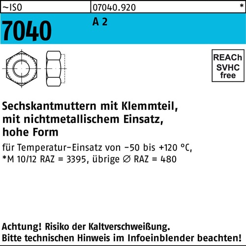 Sechskantmutter ISO 7040 Klemmteil M8 A 2 500 Stück