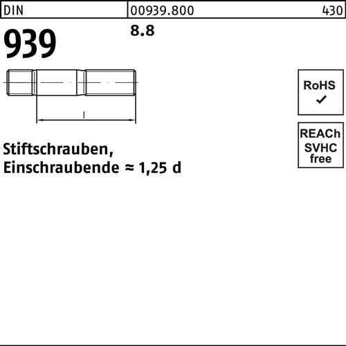 Stiftschraube DIN 939 M10x 65 8.8 Einschraubende=1,25d 50 Stück