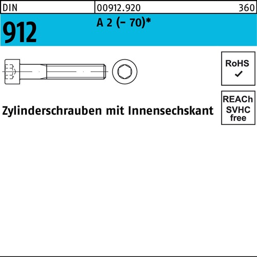 Zylinderschraube DIN 912 Innen-6kt M3x 6 A 2 (- 70) 100 Stück