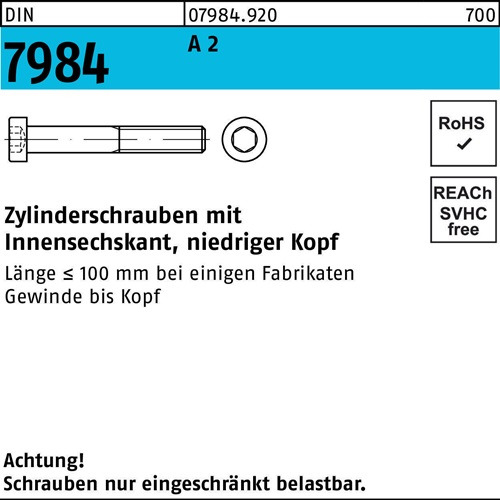 Zylinderschraube DIN 7984 Innen-6kt M6x 12 A 2 100 Stück