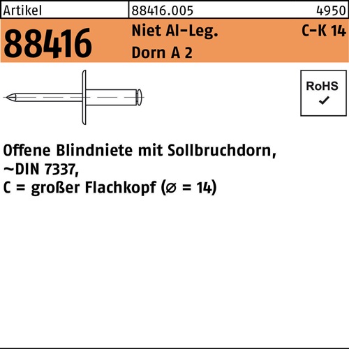Blindniete R 88416 großer FLAKO 5x12 Niet Aluminium/Dorn A 2 250St.