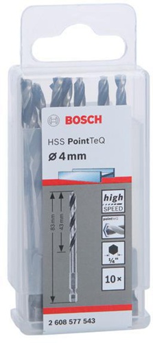 Bosch Spiralbohrer-Set PoinTeQ DIN338 10tlg.D.4mm Arbeits-L.43mm L.83mm HSS BohrertypN