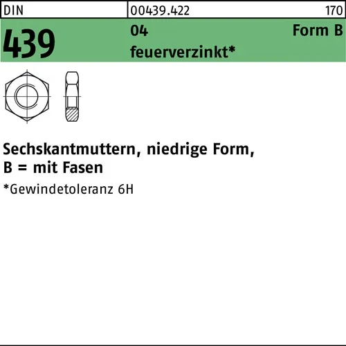 Sechskantmutter DIN 439/ISO 4035 FormB BM 8 Automatenstahl feuerverz. 100St.