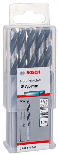 Bosch Metallspiralbohrer PointTeQ DIN388 Arbeits-L.69mm D.7,5mm Typ N 10St.