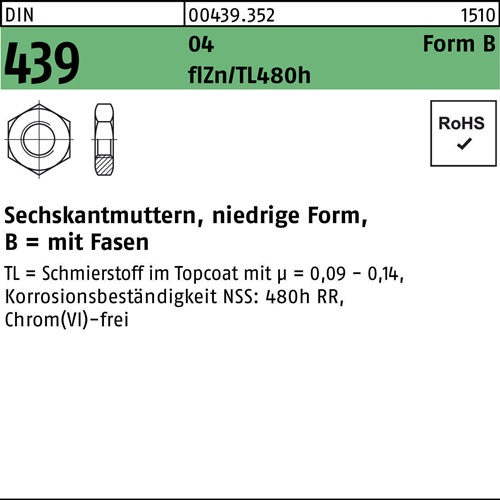 Sechskantmutter DIN 439 FormB BM 24 AU zinkbes. Gleitmittel flZnnc 480h-L 50St.