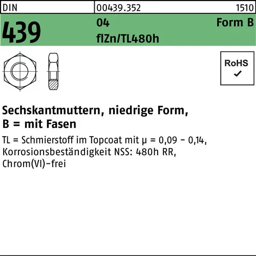 Sechskantmutter DIN 439 FormB BM 24 AU zinkbes. Gleitmittel flZnnc 480h-L 50St.