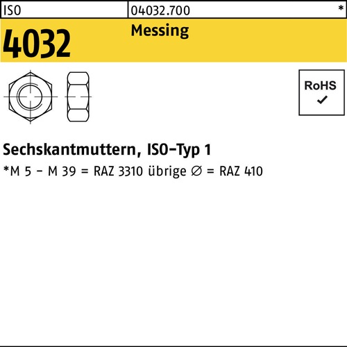 Sechskantmutter ISO 4032 M14 Messing 100 Stück
