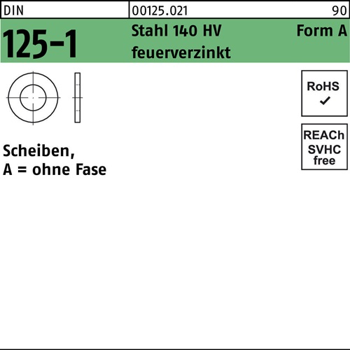 Unterlegscheibe DIN 125-1 A 13x24x2,5 Stahl 140 HV feuerverz. 500Stück