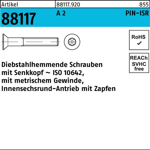 Schraube R 88117 diebstahlh. Seko ISR Zapfen M6x 20-T30 A 2 100 Stück