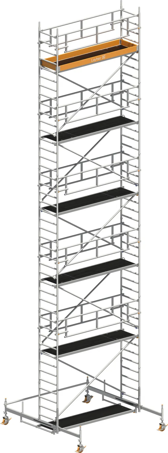 Layher Fahrgerüst Uni Standard P2 SAFETY PLUS mit Doppelgeländer Typ: 1421110 | SH: 10,38 m / AH: 12,38 m