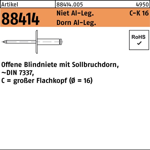 Blindniete R 88414 großer FLAKO 4,8x19,9 Niet Aluminium/Dorn Aluminium 250St.