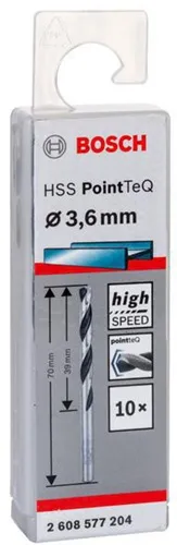 Bosch Metallspiralbohrer PointTeQ DIN388 Arbeits-L.39mm D.3,6mm Typ N 10St.