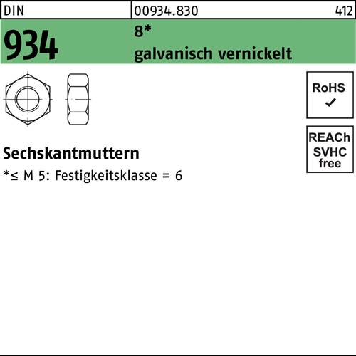 Sechskantmutter DIN 934 M8 8 galv. vernickelt 1000 Stück