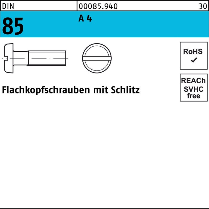 Flachkopfschraube DIN 85/ISO 1580 Schlitz M4x 5 A 4 1000 Stück