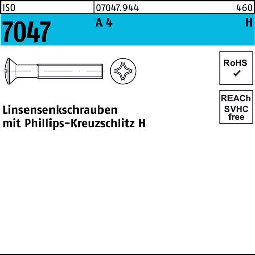 Linsensenkschraube ISO 7047 PH M3x 25-H A 4 1000 Stück