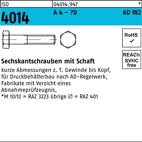 Sechskantschraube ISO 4014 m.Schaft M 10 x 140 A 4 - 70 AD-W2 10 Stück