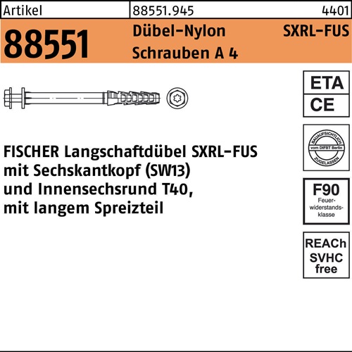 Langschaftdübel R 88551 SXRL 10x100 FUS Schrauben A 4/Dübel-Nylon 50St. FISCHER