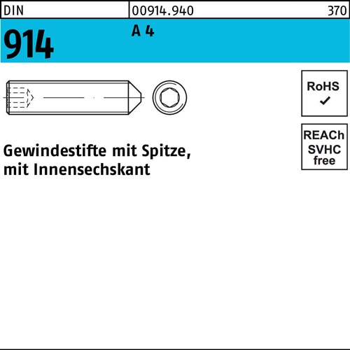 Gewindestift DIN 914 Spitze/Innen-6kt M8x 60 A 4 50 Stück
