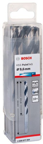 Bosch Metallspiralbohrer PointTeQ DIN388 Arbeits-L.87mm D.9,6mm Typ N 10St.